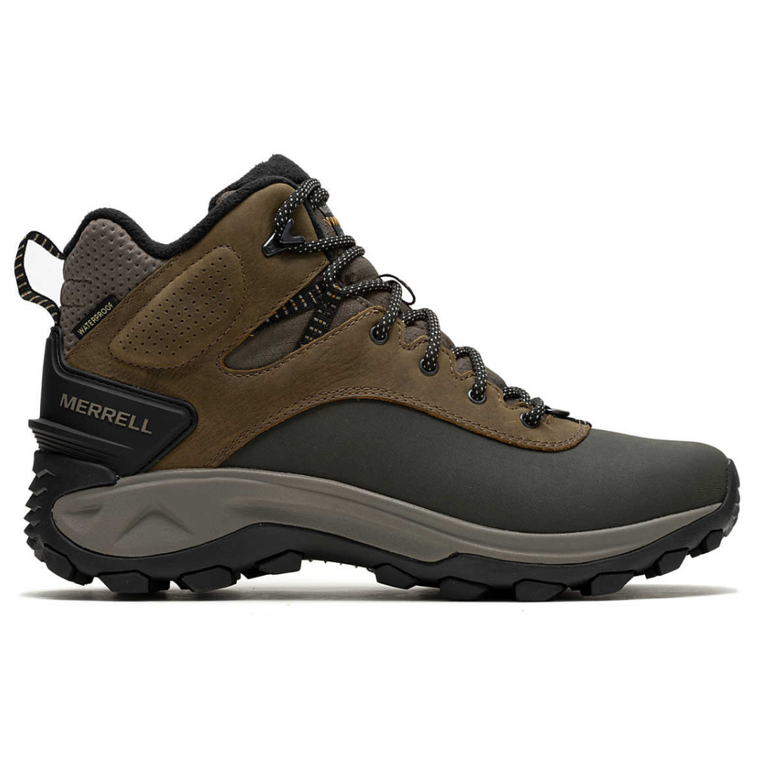 Merrell waterproof hiking boot in brown and olive with black accents, featuring a rugged sole and secure lace system.