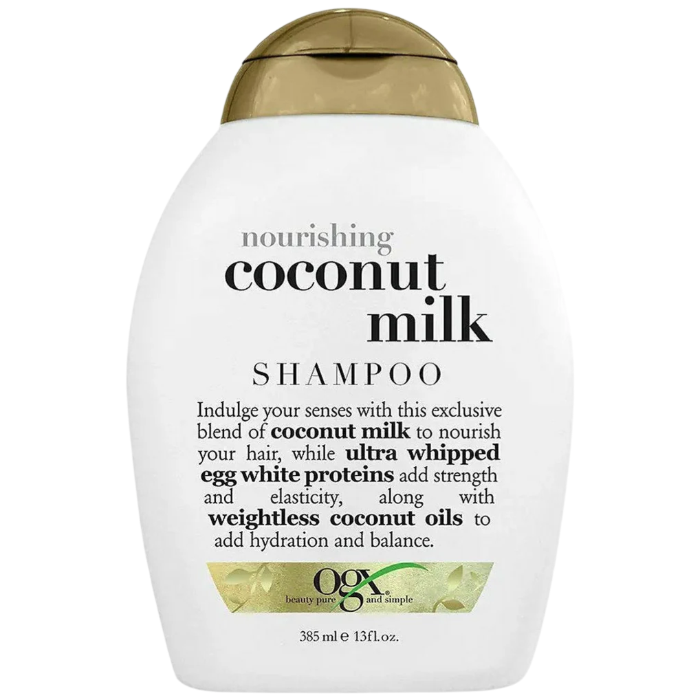 OGX Nourishing Coconut Milk Shampoo, featuring coconut milk, ultra whipped egg white proteins, and weightless coconut oils for nourishment and hydration. 385 ml (13 fl. oz.).