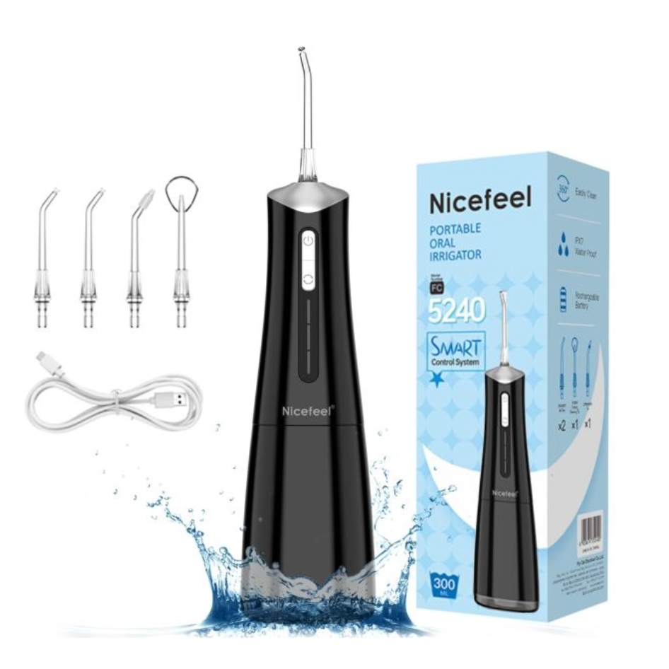 Nicefeel Portable Oral Irrigator model 5240, featuring a smart control system, comes with various nozzle attachments, a USB charging cable, and a waterproof design.