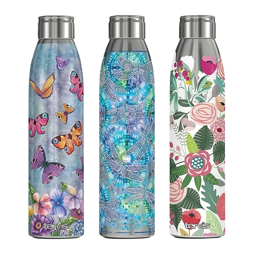 Three stainless steel water bottles with various designs: butterflies and flowers, dragonflies, and a floral pattern.
