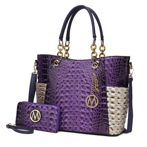 A purple crocodile-textured tote with gold-tone accents and a matching wristlet wallet, both featuring side pockets and metallic logo emblems.