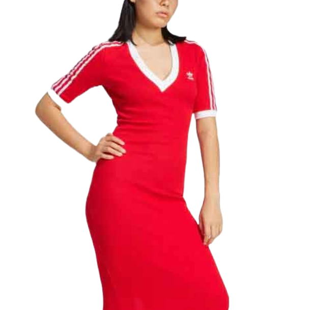 A red, form-fitting Adidas dress featuring a V-neck, short sleeves, and the iconic white 3-Stripes on the shoulders and sleeves, with a small logo on the chest.