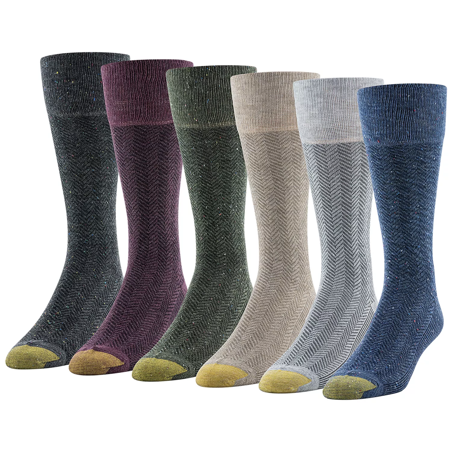 A set of six pairs of socks in various colors, each featuring a herringbone pattern with speckled details and contrasting colored toes.