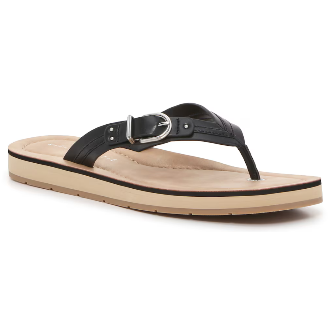 A single black strappy sandal with a buckle and tan sole.