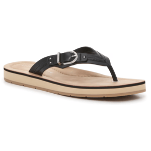 A single black strappy sandal with a buckle and tan sole.