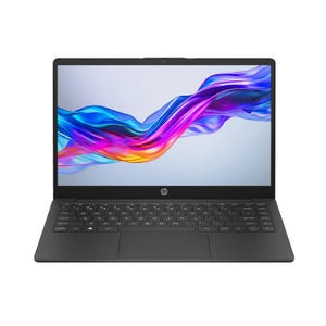 HP laptop with a colorful abstract wallpaper on the display.