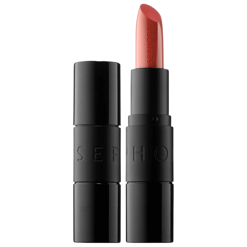 Two black tubes of Sephora lipstick, one opened to reveal a coral shade.