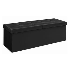 Black ottoman bench with a cushioned, tufted top for seating and internal storage. Dimensions: 43.25\“ L x 15\“ W x 15\“ H.