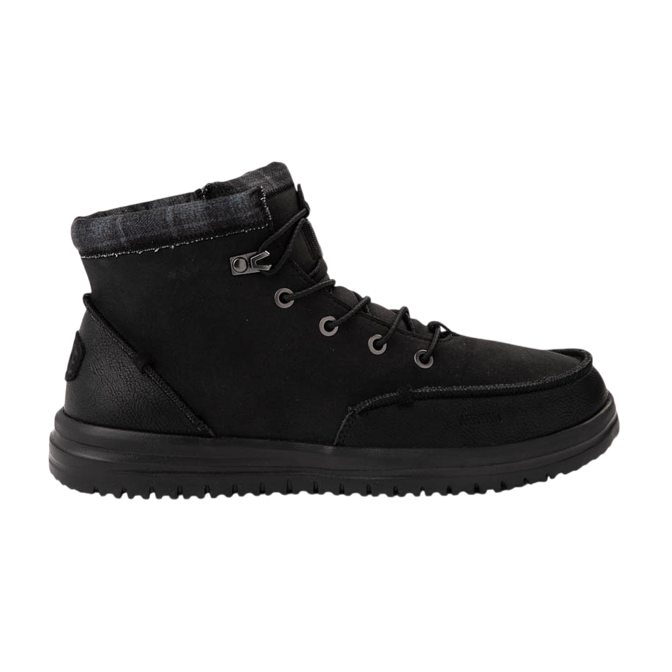 A black high-top lace-up boot with a textured sole and a padded collar.