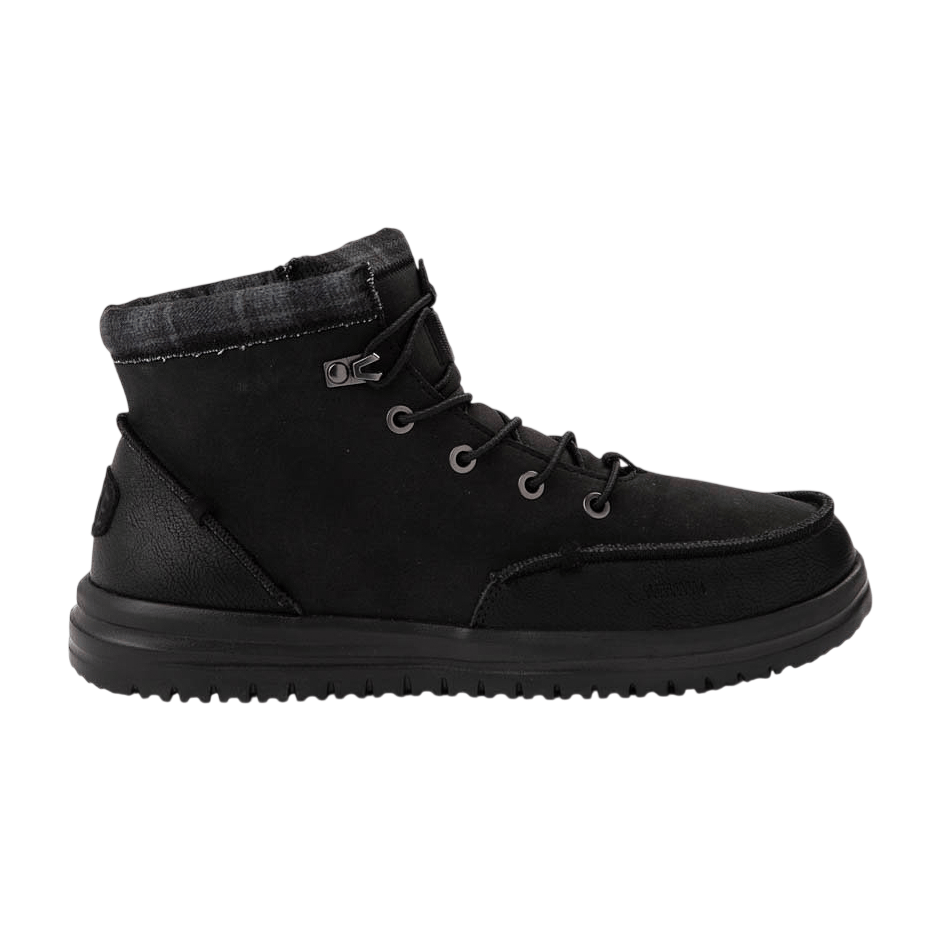 A black high-top lace-up boot with a textured sole and a padded collar.