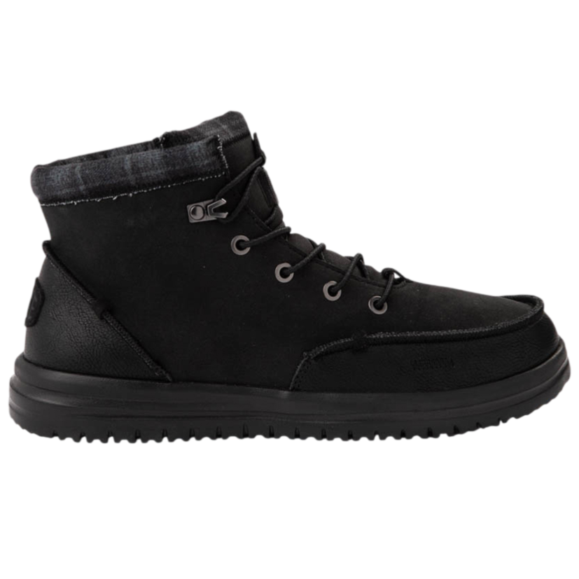 A black high-top lace-up boot with a textured sole and a padded collar.