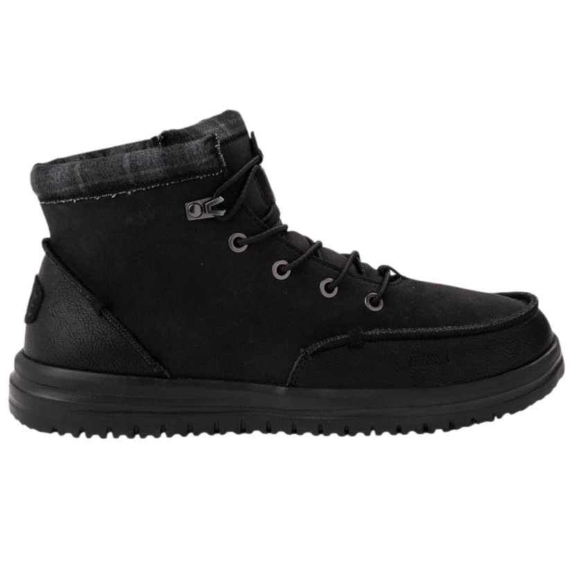 A black high-top lace-up boot with a textured sole and a padded collar.