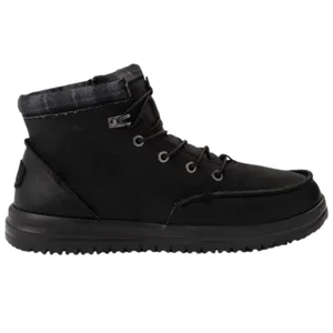 A black high-top lace-up boot with a textured sole and a padded collar.