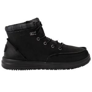 A black high-top lace-up boot with a textured sole and a padded collar.