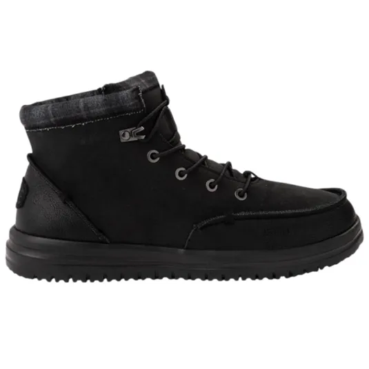 A black high-top lace-up boot with a textured sole and a padded collar.