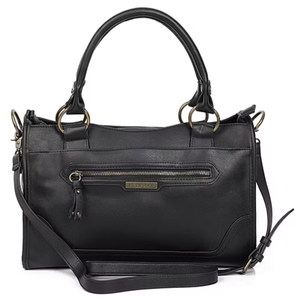 A black leather handbag featuring dual handles, a detachable shoulder strap, and a front zippered pocket with metal hardware accents.