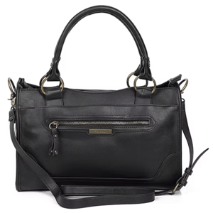 A black leather handbag featuring dual handles, a detachable shoulder strap, and a front zippered pocket with metal hardware accents.