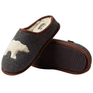 Dark gray slippers with brown trim, featuring a white polar bear design on top and a sturdy ridged sole.