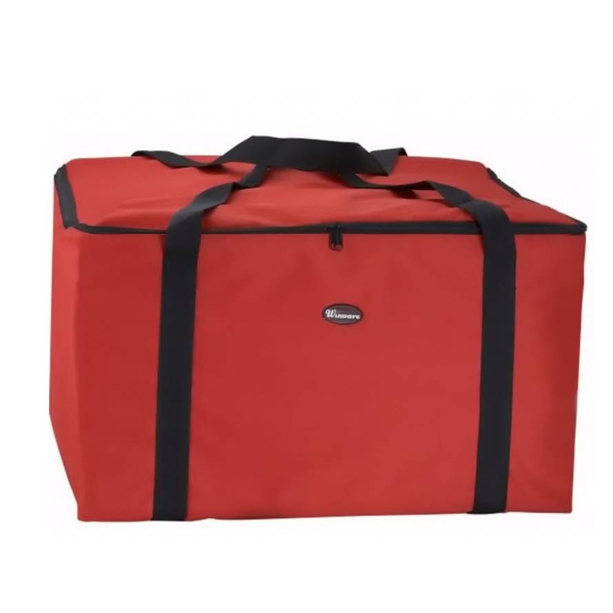 Red jumbo insulated food carrier with black straps and a zipper closure, designed to keep food hot or cold during transport.