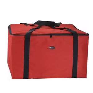 Red jumbo insulated food carrier with black straps and a zipper closure, designed to keep food hot or cold during transport.