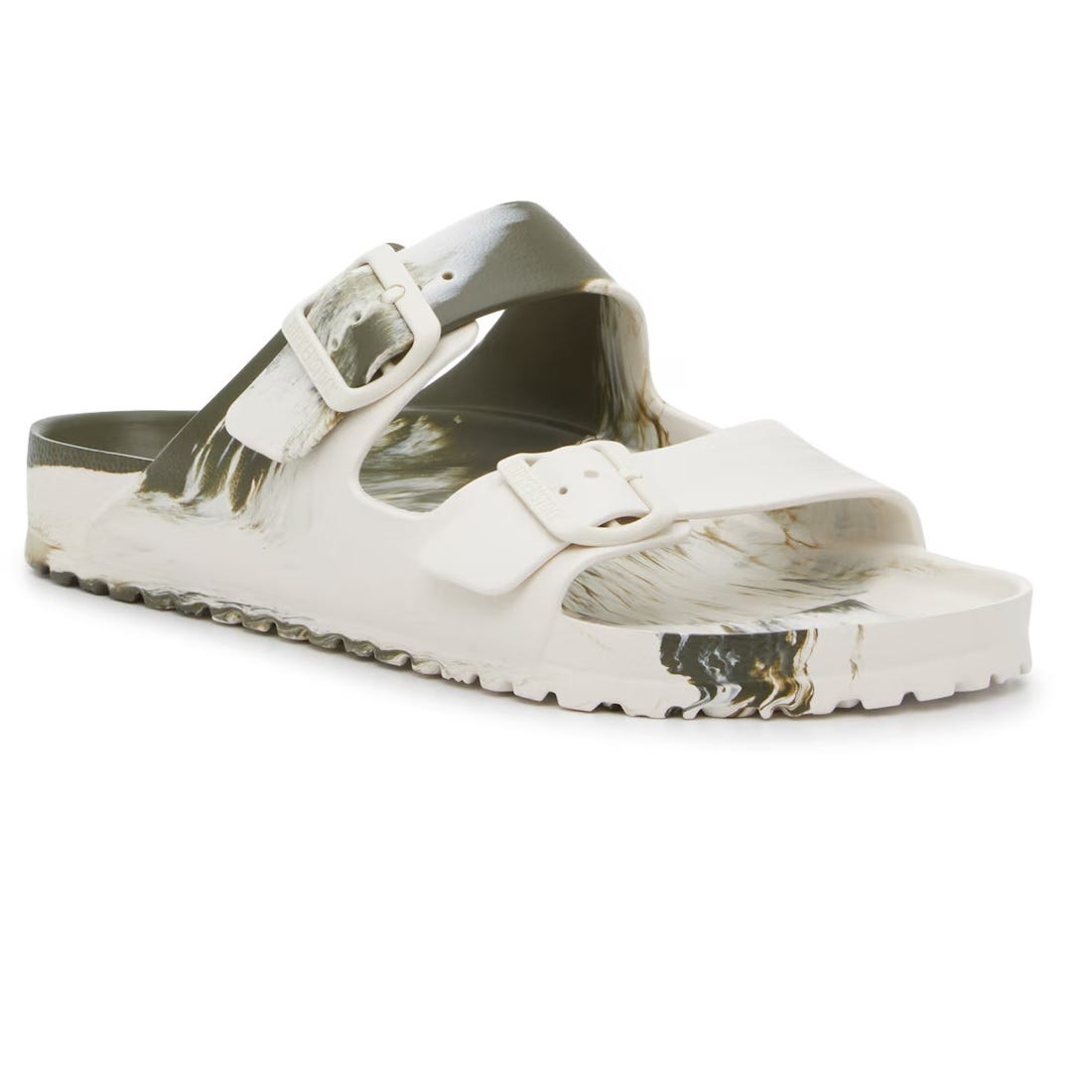 A pair of Birkenstock Arizona EVA slide sandals featuring two adjustable straps with buckles, crafted in a marbled white and grey colorway with a flat sole.