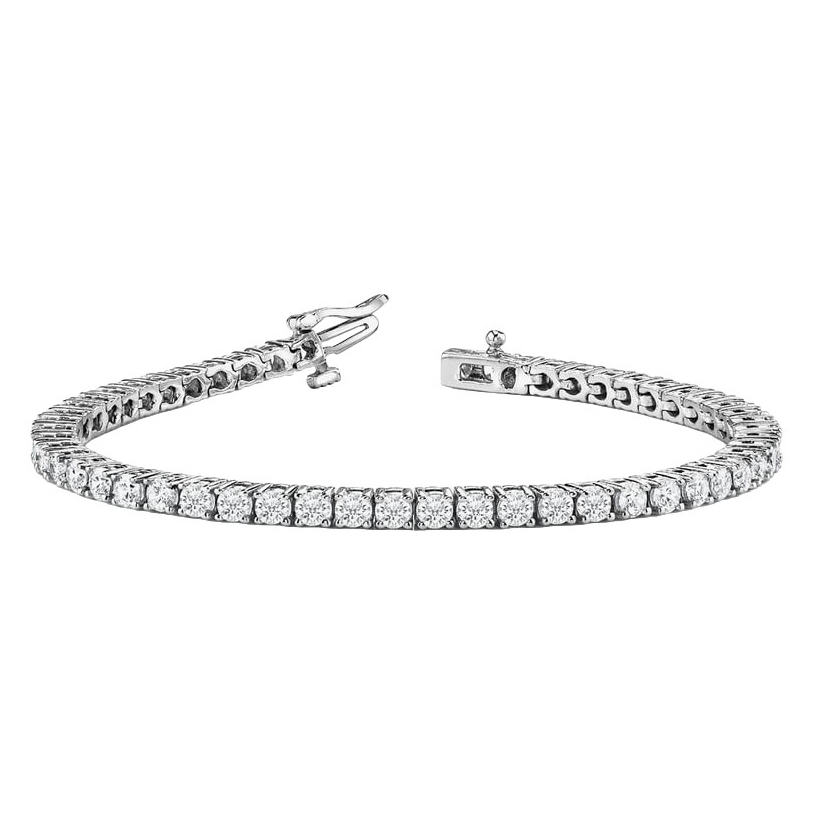 A diamond tennis bracelet with a sleek line of square-cut stones set in a white metal setting, featuring a secure clasp.