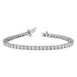 A diamond tennis bracelet with a sleek line of square-cut stones set in a white metal setting, featuring a secure clasp.