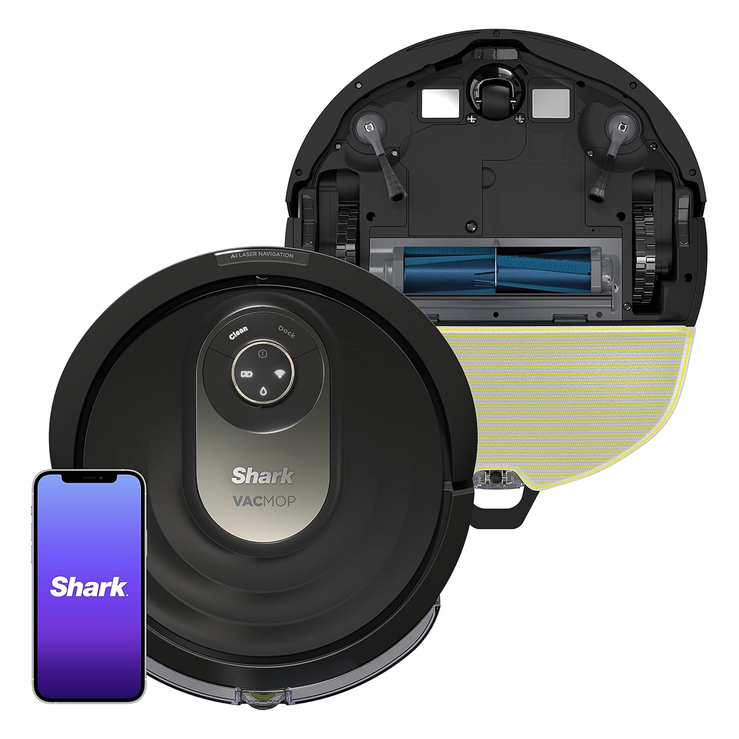 The Shark AV2001WD AI Robot is a vacuum and mop combo with AI laser navigation, compatible with a smartphone app for remote control. It features a circular design with a brush roller and mopping pad attachment.