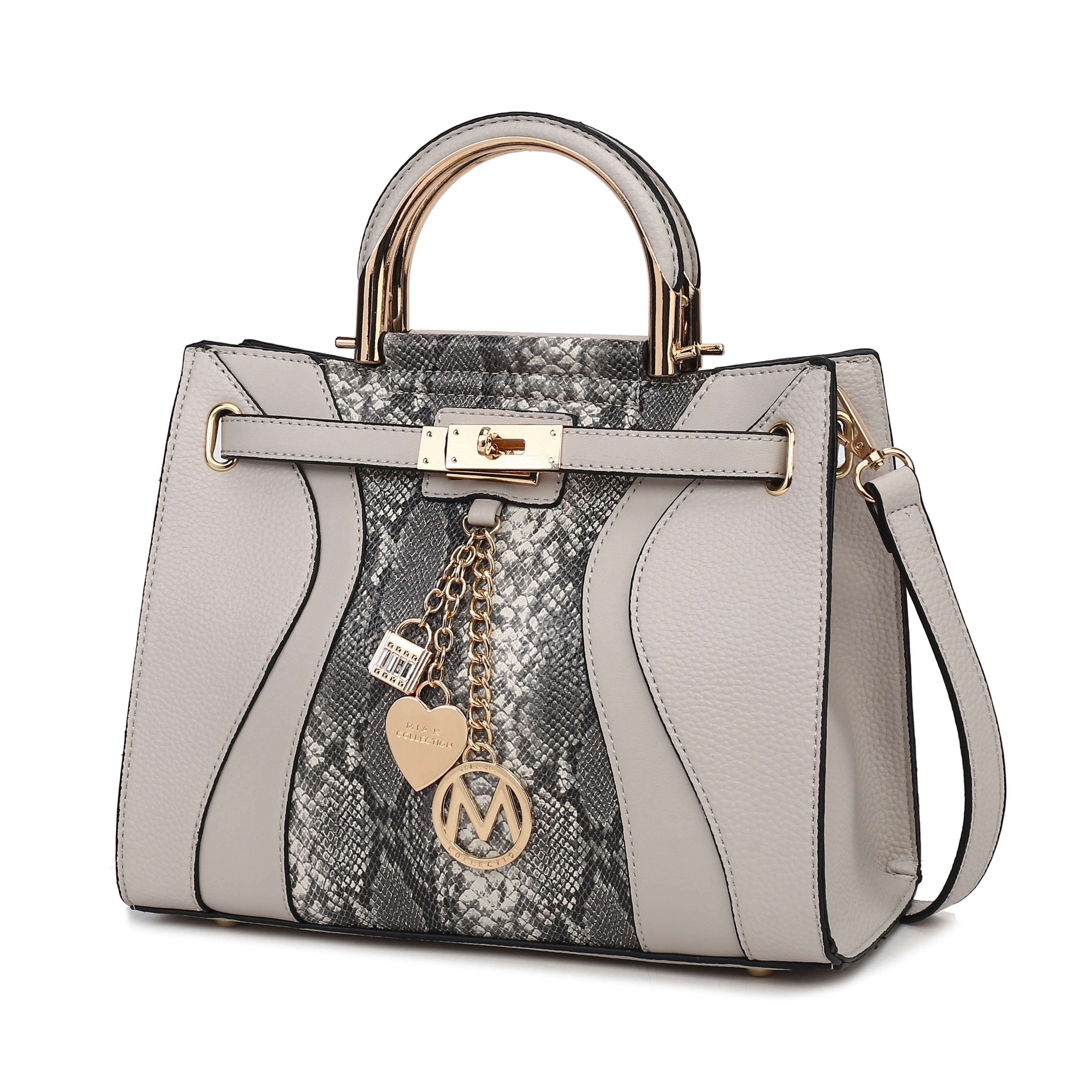 A stylish handbag with gray and snake-print panels, gold-tone hardware, and decorative charms, including a padlock and heart. Featuring dual handles and a detachable strap.