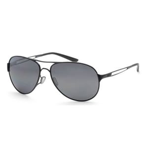 Aviator-style sunglasses with a black metal frame and dark tinted lenses.