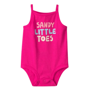 Bright pink baby onesie with thin shoulder straps, featuring the text \“Sandy Little Toes\“ in colorful letters on the front.