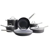 Set of non-stick cookware, including frying pans, saucepans, and a stockpot, all with lids and stainless steel handles.