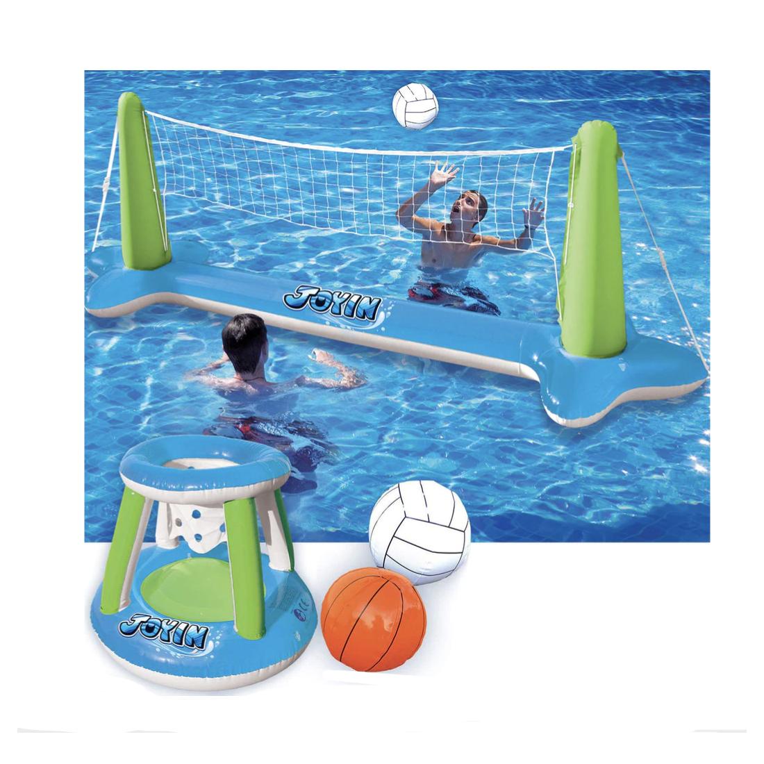 Inflatable pool volleyball set with net and two floating pool seats, accompanied by a white volleyball and an orange basketball.