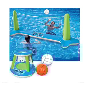 Inflatable pool volleyball set with net and two floating pool seats, accompanied by a white volleyball and an orange basketball.