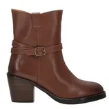 Brown leather ankle boot with a buckle strap and a block heel.