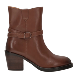 Brown leather ankle boot with a buckle strap and a block heel.