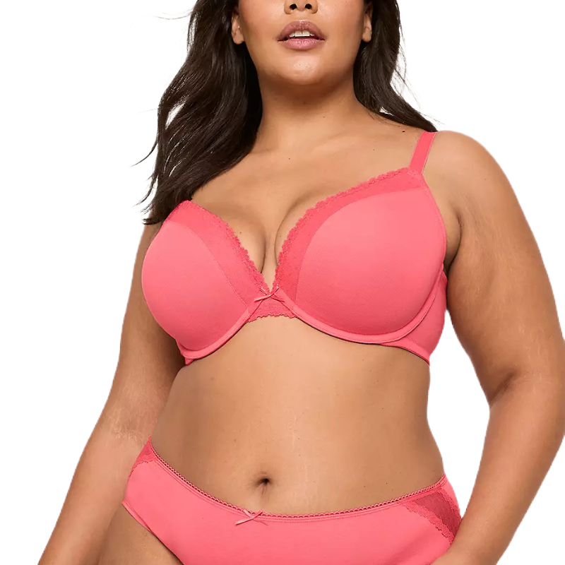 The Cotton Boost Plunge Bra with Lace is a coral-colored lingerie piece featuring a deep plunge neckline, supportive cups, and lace detailing on the edges. It includes adjustable straps, providing comfort and style.