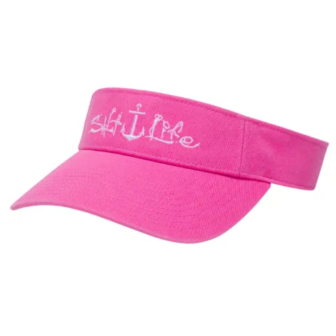A pink visor hat with \“Salt Life\“ embroidered in white lettering, featuring an anchor design integrated into the text.