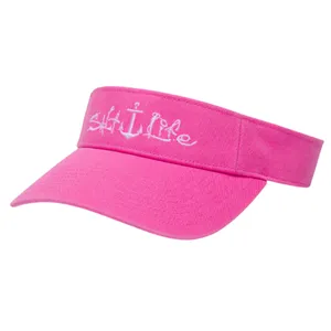 A pink visor hat with \“Salt Life\“ embroidered in white lettering, featuring an anchor design integrated into the text.