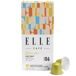 Elle Café Blonde Light Roast coffee capsules, featuring tasting notes of red fruit and berries, are compatible with Nespresso machines. Contains 10 aluminum capsules, intensity level 6, 100% Arabica.