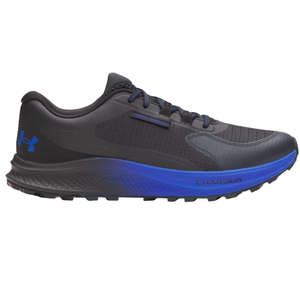 Black and blue Under Armour running shoe with \“Charged\“ cushioning technology, featuring a rugged sole for enhanced grip.