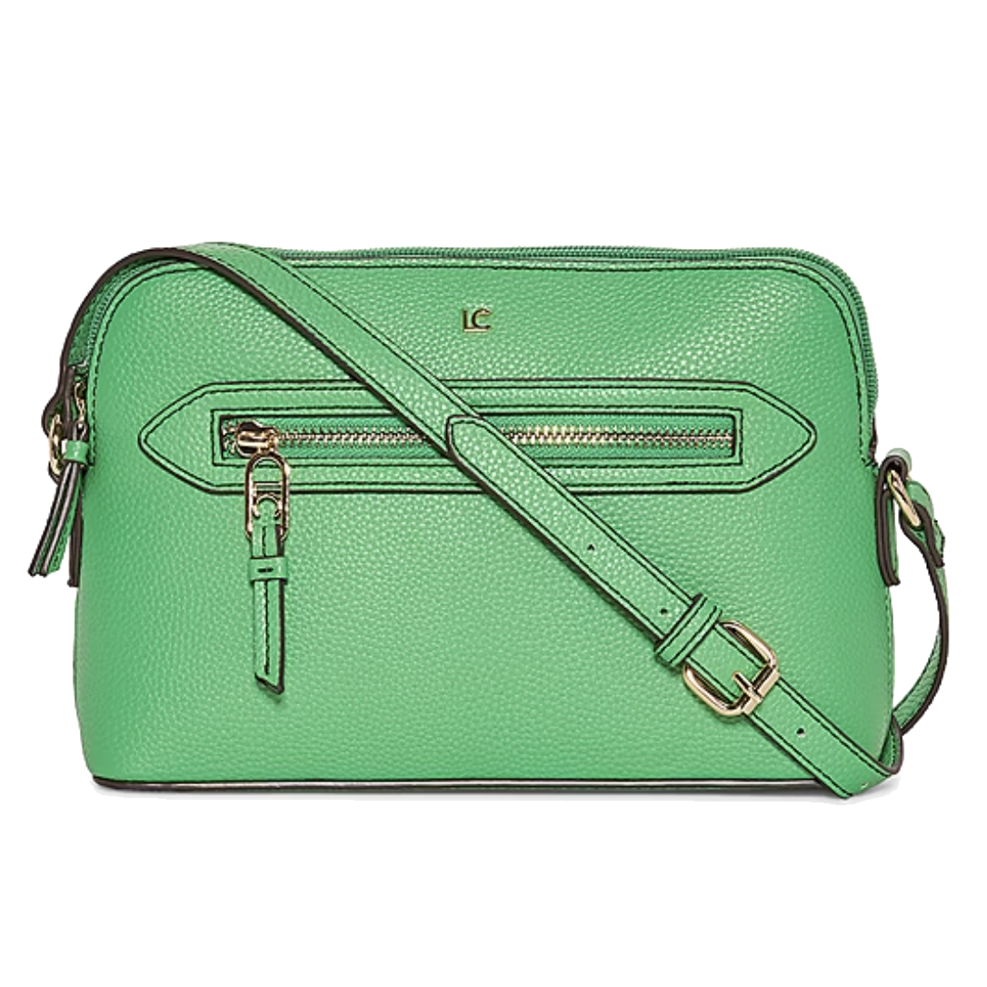 A green crossbody handbag with gold-tone hardware, featuring a front zipper pocket and an adjustable shoulder strap.