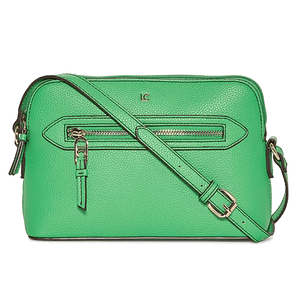A green crossbody handbag with gold-tone hardware, featuring a front zipper pocket and an adjustable shoulder strap.