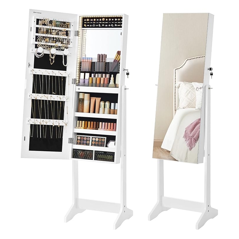 A white standing mirror cabinet with a lockable door, featuring organized storage for jewelry, makeup, and beauty products, enhanced by an LED light strip.