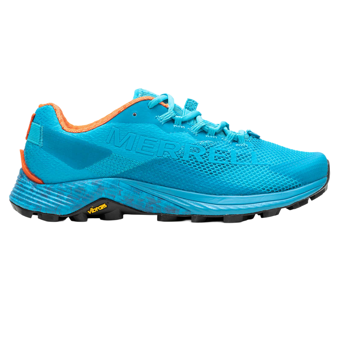 Blue and orange Merrell running shoe featuring a Vibram outsole for enhanced traction.