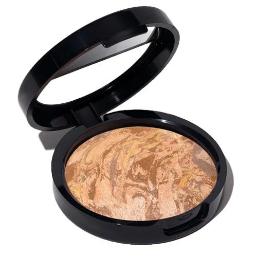 Laura Geller Balance-n-Glow Foundation is a baked powder with a marbled design, combining foundation and highlighter for a luminous finish. It comes in a sleek black compact.