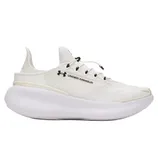 A white Under Armour running shoe with a sleek design, featuring a thick cushioned sole and lace-up closure.