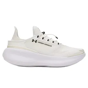A white Under Armour running shoe with a sleek design, featuring a thick cushioned sole and lace-up closure.
