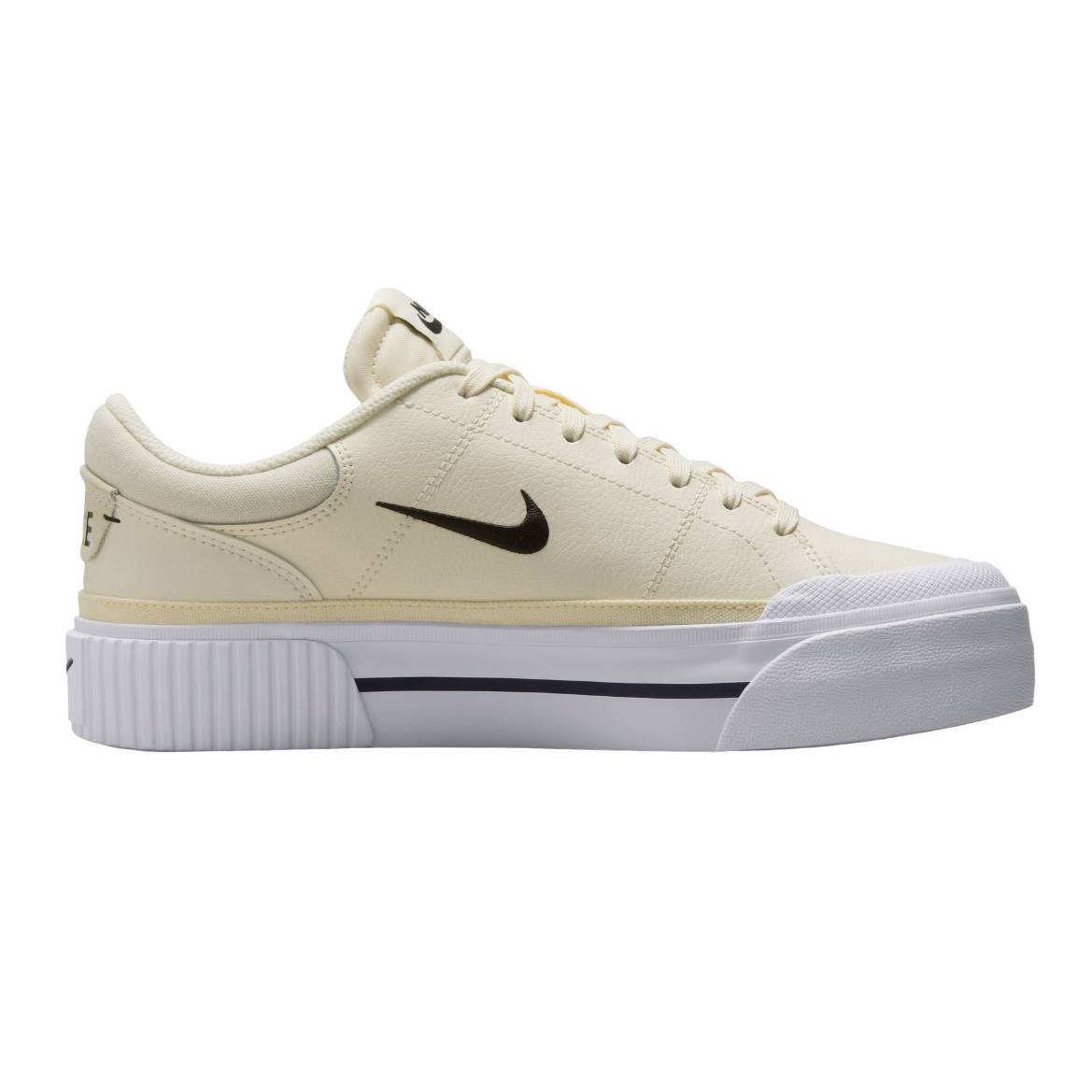 A pair of light-colored Nike sneakers with a black swoosh logo, thick white sole, and subtle branding details.