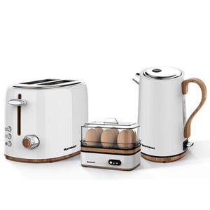 A toaster, an egg cooker, and an electric kettle, all in white with wooden accents.